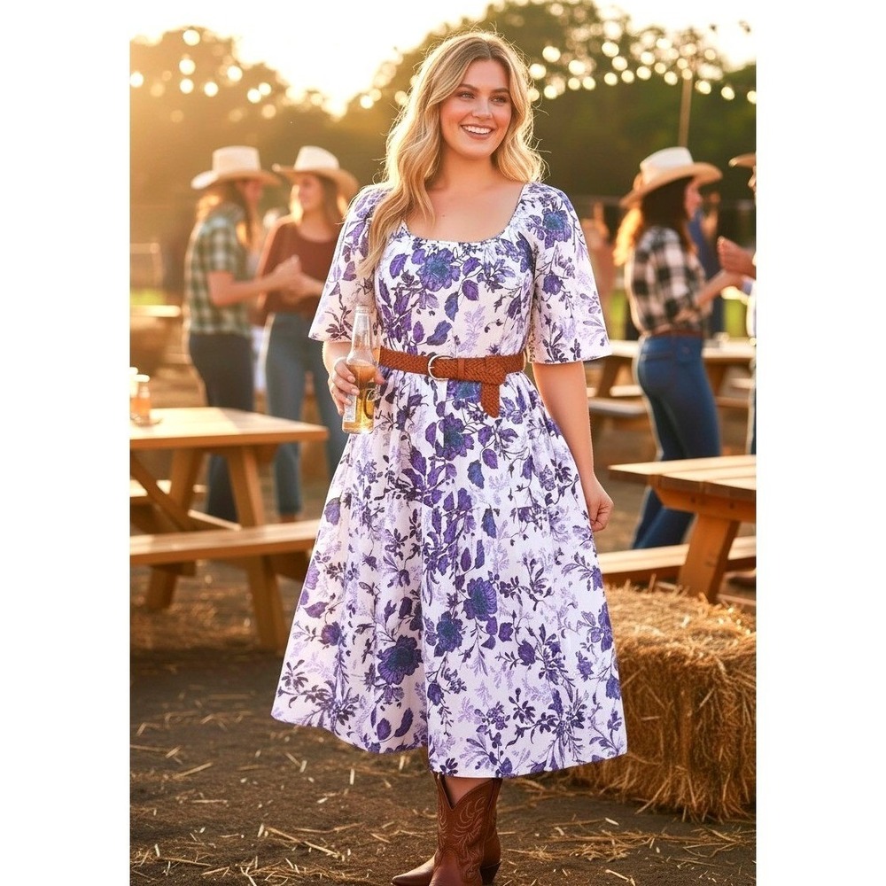 Blue & White Floral Cotton Western Midi Dress Women (1X) Floral Tiered Belted